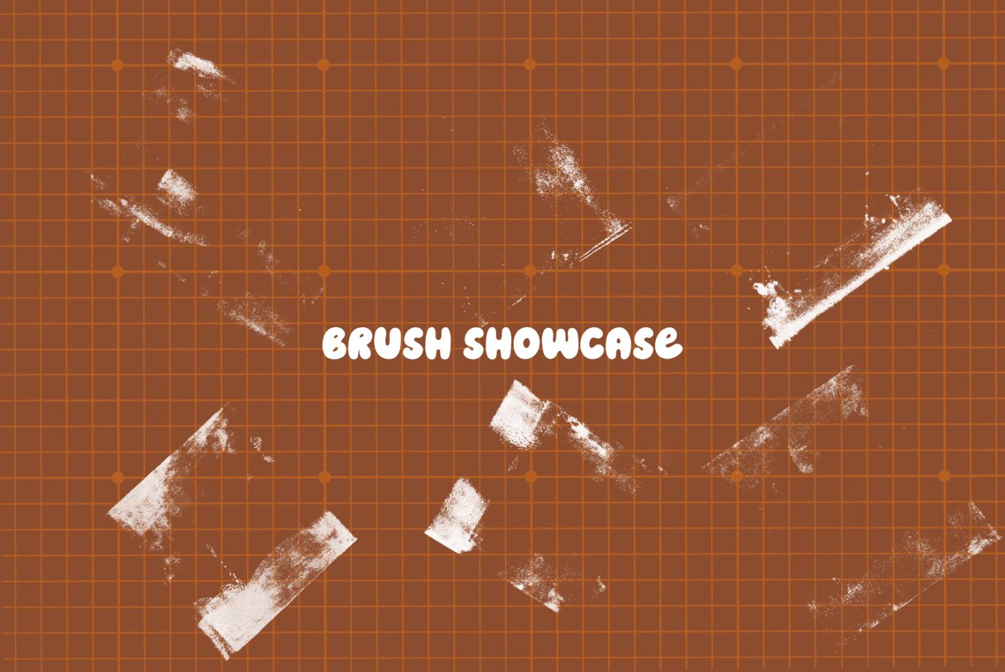 ALT Text: Brush showcase with various grunge strokes on a patterned grid background, suitable for graphic design and Photoshop assets.